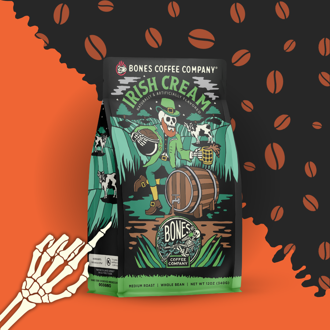 Bones Coffee Company - Irish Cream Flavored Coffee | 12oz | Whole Bean & Ground